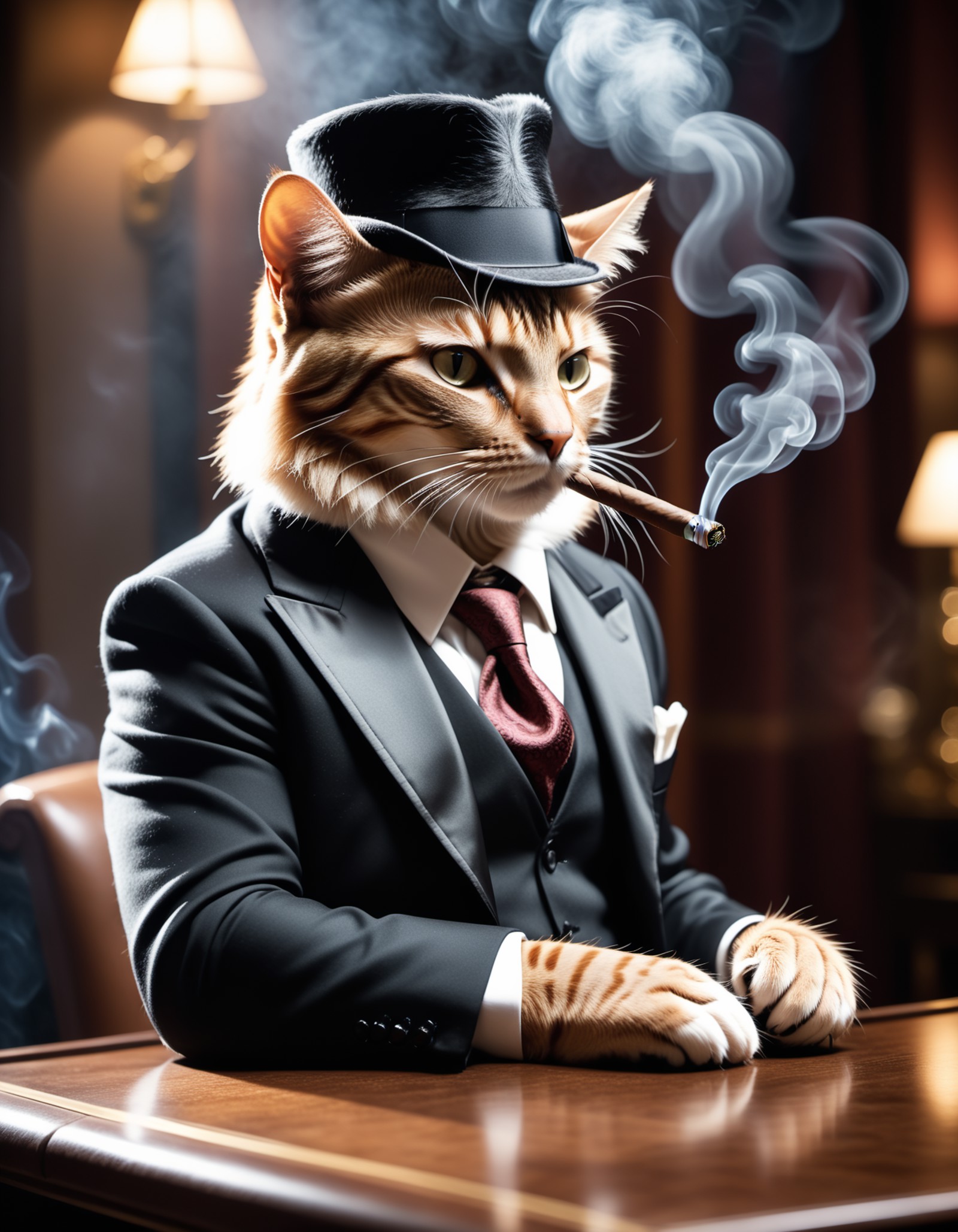 Long exposure photo of cinematic film still ((BBC Style)) picture  of an cat mobster in (wildlife) , smoking his cigar . s...